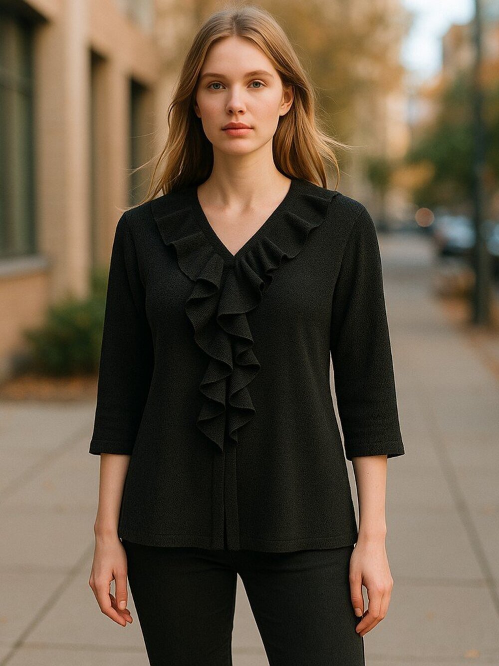 SAG HARBOR Black Ruffle Front Knit Top Ladies Large